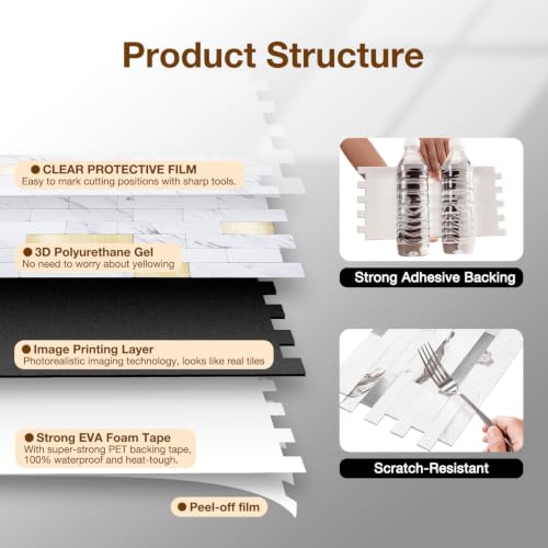 Peel and Stick Backsplash Tile Waterproof Removable PVC Wall Sticker 3D Faux Stone Marble Brick White Accent Panels (American Walnut - Metal Gold, 40 Tiles - 18 sq. ft. (1.68 m²)) - color: American Walnut - Metal Gold, size: 40 Tiles - 18 sq. ft. (1.68 m²