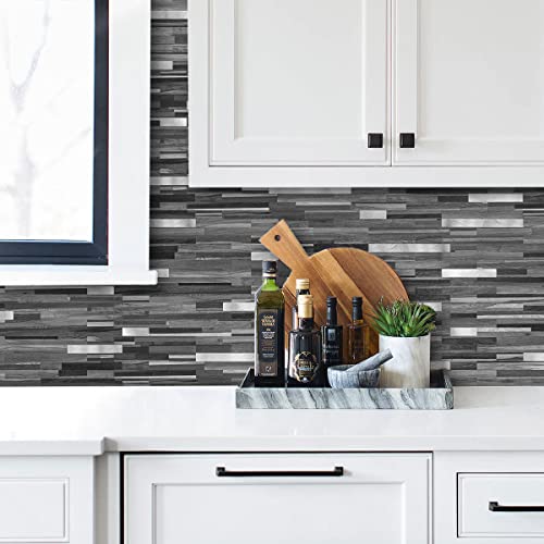 AULIGET 20 Sheets Peel and Stick Backsplash, Black & Grey Wood Look PVC Mixed Metal Stick on Backsplash Tiles for Kitchen - color: Black Grey Wood + Metal Silver, size: 20 Sheets, 6"x12"x0.12"