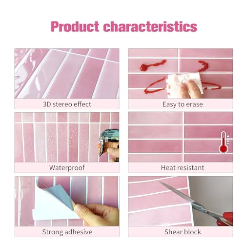 Alwayspon 10 Sheets 3D Peel and Stick PVC Backsplash Tiles, 10"x10" Self-Adhesive Wall Tile Stickers Stick on Subway Tiles for Kitchen Bathroom, Pink - color: T80562