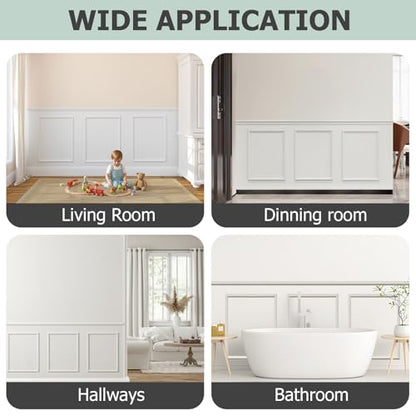 Peel and Stick Wainscoting Panels, 3 Set 20"x27" Wall Molding + 2pcs Chair Rail Trim, Pre-Cut Self Adhesive Premade Molding Panel for Bathroom Hallway Door Nursery Wall, Ready to Assemble