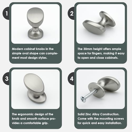 4 Pack Cabinet Knobs Brushed Nickel Solid Zinc Alloy Oval Knobs for Drawer Dresser Modern Kitchen Cupboard Bathroom Furniture Hardware - color: 4pack - Brushed Nickel, size: Knob