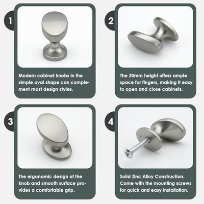4 Pack Cabinet Knobs Brushed Nickel Solid Zinc Alloy Oval Knobs for Drawer Dresser Modern Kitchen Cupboard Bathroom Furniture Hardware - color: 4pack - Brushed Nickel, size: Knob