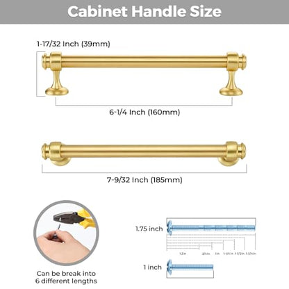 12 Pack Brushed Gold Cabinet Handles, 6-1/4" Hole Center Drawer Pulls - color: Brushed Gold, size: 6-1/4 Inch Hole Center