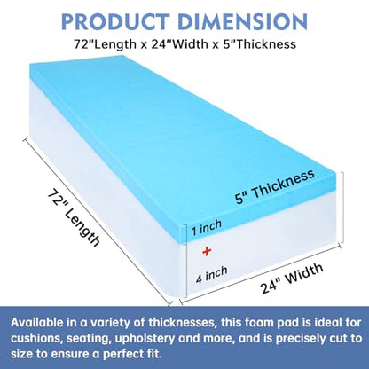 Upholstery Foam, 72" x 24" x 5" High Density Gel Memory Foam Padding Couch Cushion Support, Cut to Size Foam Replacement Pad for Sofa Sag Support - size: 72" X 24" X 5"