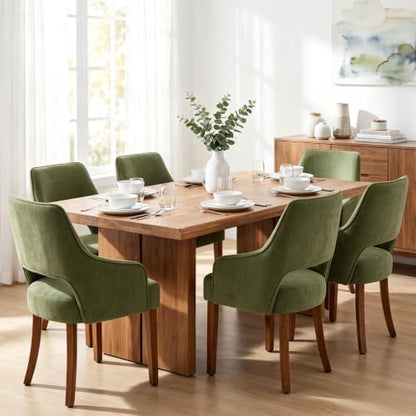 chairus Farmhouse Dining Chairs with Arms Set of 4, Chenille Upholstered Kitchen Chairs, Curved Open Back Dining Room Chairs with Thick Cushion & Walnut Wood Legs, Green - color: Green