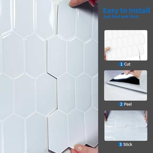 10-Sheet Long Hexagon Peel and Stick Kitchen Backsplash Tiles - color: White