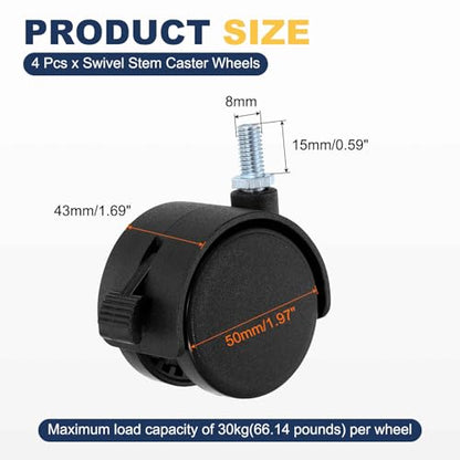 4Pcs 2" Swivel Stem Caster Wheels, M8x15mm Threaded Nylon, Black - size: M8x15mm