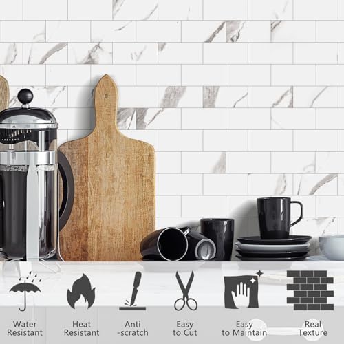STICKGOO 10-Sheet Subway Tile Peel and Stick Backsplash, Calacatta - color: Calacatta