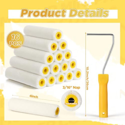 Leumoi 16 Pcs 4" Mini Mohair Paint Roller Covers Kit,White - color: White