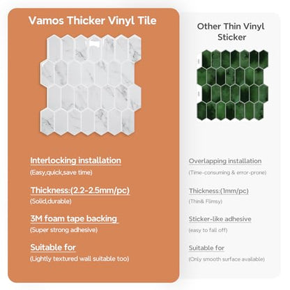 Vamos Tile Upgraded Thicker Design Backsplash Tile Peel and Stick, 10-Sheet Grey Marble Long Hexagon Self Adhesive Wall Tiles Stick On Backsplash for Kitchen Bathroom RV Fireplace