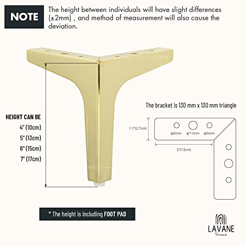 La Vane 4 Inch Diamond Triangle Metal Furniture Legs 4PCS- Heavy Duty Iron - color: Gold, size: 4" / 10cm