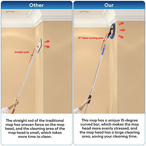 Wall Cleaner, Max 66'' Wall Mop with Long Handle, Ceiling Dust Mop with 15° Labor-Saving Elbow Extension Pole, Baseboard Duster Washer Scrubber, High Reach Window Cleaning Brush, Roof Cleaning Tool-BU - color: Blue