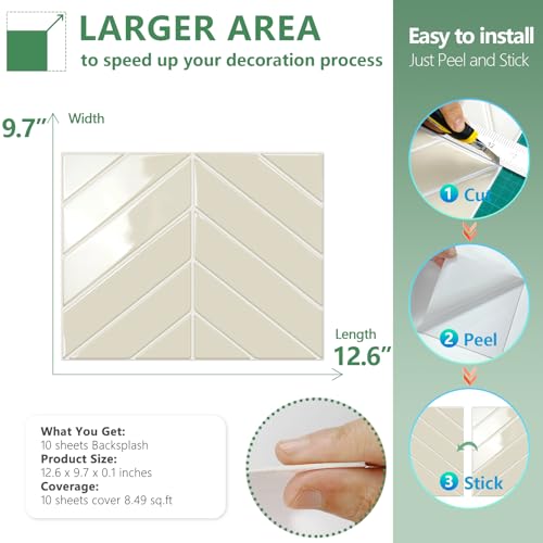 STICKGOO Herringbone Peel and Stick Backsplash, Light Gray Beige, 10 Sheets - color: Light Gray Beige, size: Pack of 10