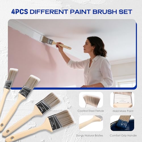 Navatiee 32PCS Paint Roller Kit with 2-4ft Extension Pole, 9" & 4" Roller Covers, Paint Brushes, Tray Liners & Tape, Professional House Painting Supplies for Walls, Ceilings & Cabinets