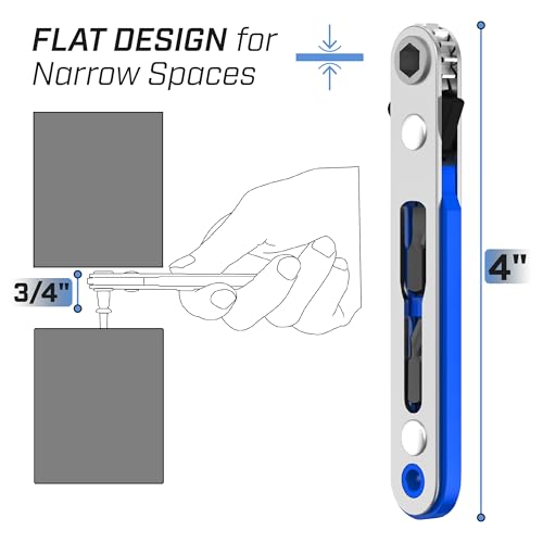 Bates- Mini Ratchet Wrench, 1/4" Magnetic 90 Degree Screwdriver, Blue, Low Profile Right Angle Screwdriver for Tight Spaces - color: Blue, size: 1 pcs