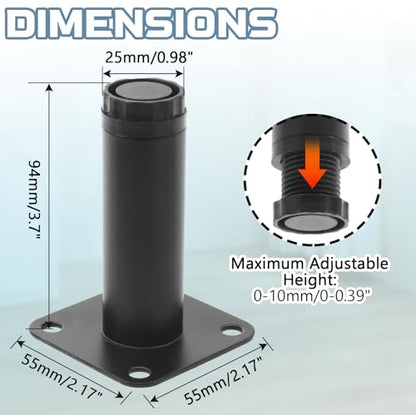 4 Inch Adjustable Steel Furniture Legs 4-Pack 1" Dia (Black) - size: 4 Inch