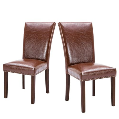 COLAMY Upholstered Parsons Dining Chairs Set of 2, PU Leather Dining Room Kitchen Side Chair with Nailhead Trim and Wood Legs - Light Brown - color: L-lightbrown, size: Set of 2