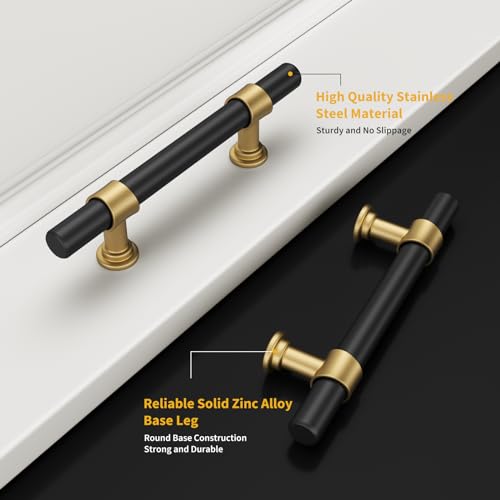 Goldenwarm 10 Pack Black and Gold Cabinet Pulls, 3 Inch T Bar Handles - color: Black&Gold, size: 3 in Hole Center (76mm)