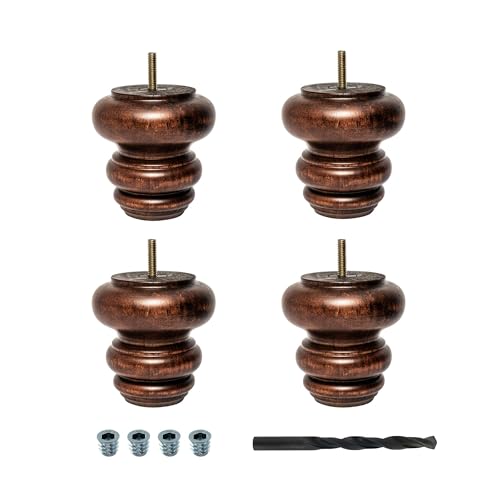 OUTWATER 4 in. H x 4 in. Dia Stained Cherry Solid Hardwood Bun Foot Leg for Furniture 4 Pack with 4 Free Insert Nuts and Drill Bit - color: Cherry