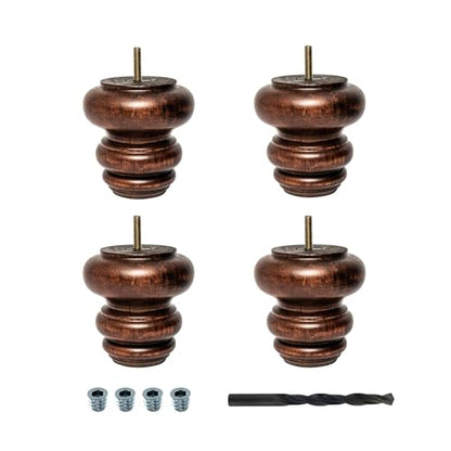 OUTWATER 4 in. H x 4 in. Dia Stained Cherry Solid Hardwood Bun Foot Leg for Furniture 4 Pack with 4 Free Insert Nuts and Drill Bit - color: Cherry