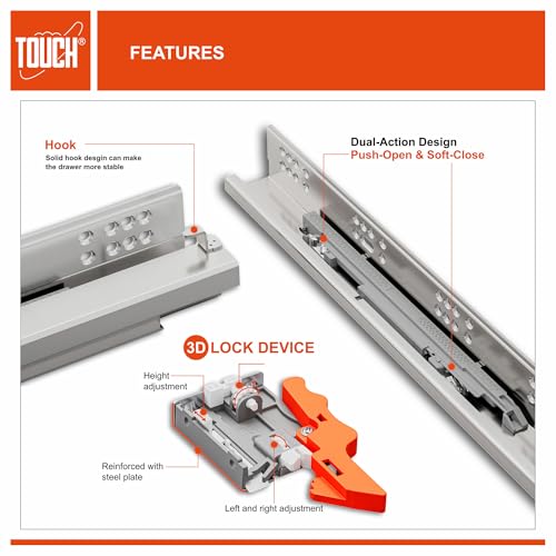 Undermount Drawer Slides 12 Inch, Push-Open Soft-Close, for 1/2 and 5/8 Inch Drawer Panels, 1 Pair, Concealed Bottom Mount, 75 lb Capacity, 3D Adjustable, Cold-Rolled Steel - color: PUSH-OPEN SOFT-CLOSE, size: 12 Inch