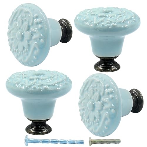 Piutouyar Sky Blue Ceramic Knobs, 34mm / 1.3 Inch Diameter, 4Pcs - color: Sky Blue, size: 4 Pieces