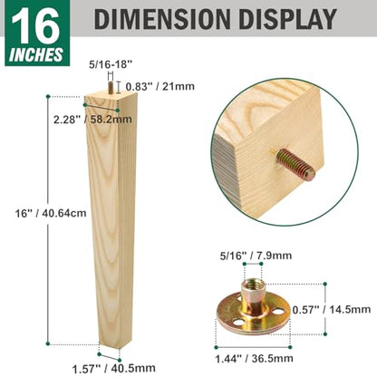FoDau770 Square Furniture Legs 16 Inch, Ash Wood Legs with 5/16"-18 Bolts - size: 16 Inch