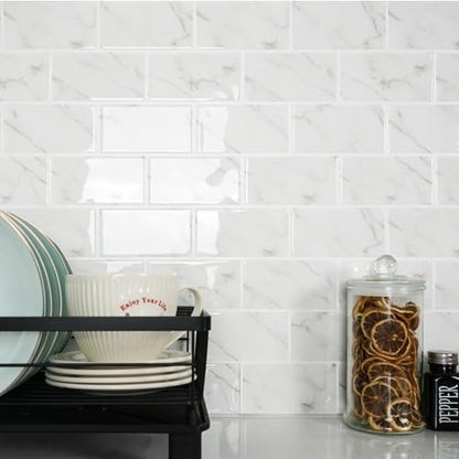 STICKGOO 10-Sheet Subway Tile Peel and Stick Backsplash, Self Adhesive Vinyl Wall Tiles, Stick on Backsplash for Kitchen and Bathroom(Thicker Design) - color: Carrara Marble