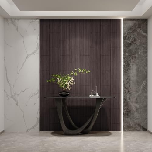 Yutianli Acoustical Wood Wall Panels Peel and Stick 17-Piece 14.2" X 9.5" Faux Wood Slat Panel Artificial Smoked Wood Grain PVC Self-Adhesive Soundproof 3D Wall Panel Foam Wallpaper - color: Smoked