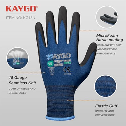 KAYGO Safety Work Gloves, MicroFoam Nitrile Coated, Men Women,KG18N - color: Dark Blue, size: Small