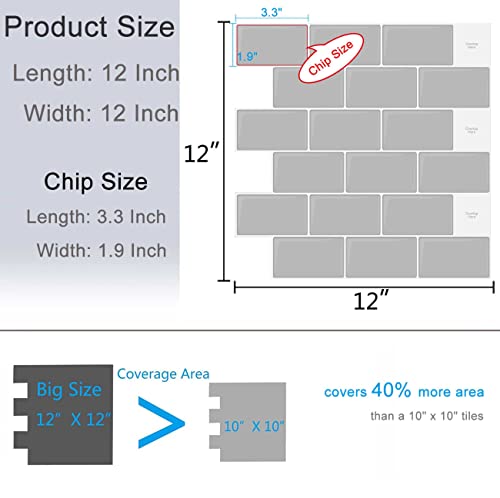 Alwayspon 10 Sheets 3D Thickened Peel and Stick Vinyl Backsplash Tiles, 12"x6" Self-Adhesive Wallpaper Wall Tile Stickers Stick on Subway Tiles for Kitchen Bathroom, Grey 055 - color: T80055s