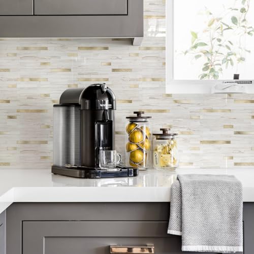 STICKGOO 20 Sheets Peel and Stick Backsplash Tile, Stick on Backsplash for Kitchen and Bathroom, Glossy Eurasian Wood Grain PVC Mixed Metal Gold Self Adhesive Wall Tiles - color: Glossy Eurasian Wood Grain + Metal Gold