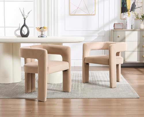 EALSON Modern Barrel Dining Chairs Set of 2 Velvet Upholstered Fabric Kitchen Chairs with Open Back and Arms Comfortable Accent Chairs Side Chairs for Dining Room/Living Room, Khaki - color: Khaki, size: 2 PCS
