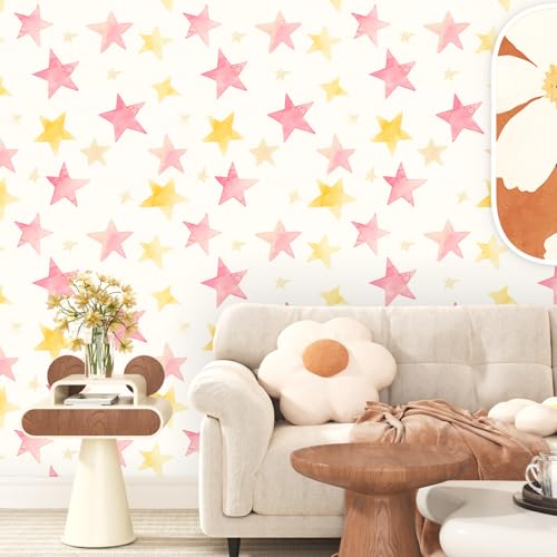 Fvlow Colorful Star Peel and Stick Wallpaper 17.4" x 118" - color: Pink/Gold, size: 17.4" x 118"
