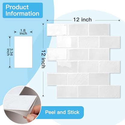 Art3d 10-Pack Subway Peel and Stick Backsplash, White Marble, 12 x 12 Inch - color: White Stone Marble