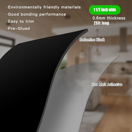 YANYE Black Melamine Edge Banding, 1 1/2 inch x 25ft roll of Wood Veneer Edge Banding Preglued, Tape Banding for Cabinet Repair