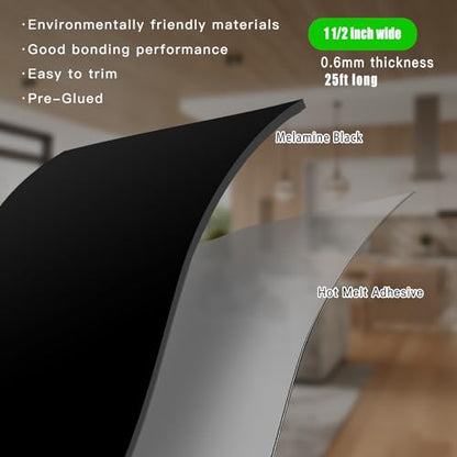 YANYE Black Melamine Edge Banding, 1 1/2 inch x 25ft roll of Wood Veneer Edge Banding Preglued, Tape Banding for Cabinet Repair