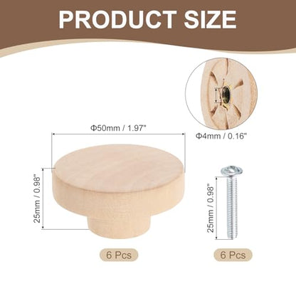 uxcell 6Pcs Round Wood Drawer Knob, 2" Diameter Flat Round Dresser Knobs Wooden Knobs with Screws for Furniture Drawer Dresser Wardrobe Cupboard - size: 2 Inch