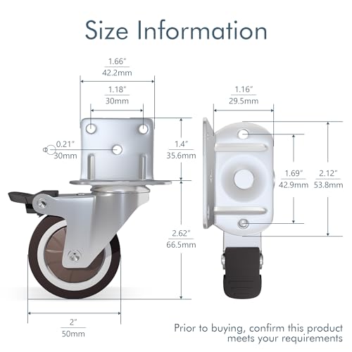 2 Inch Side Mount Casters 4-Pack with 2 Swivel & 2 Brake, L-Shape Plate for Furniture, Cabinets, Coffee Tables, Plant Stands, Smooth Rolling Quiet Light Duty Rubber Wheels
