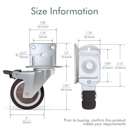 2 Inch Side Mount Casters 4-Pack with 2 Swivel & 2 Brake, L-Shape Plate for Furniture, Cabinets, Coffee Tables, Plant Stands, Smooth Rolling Quiet Light Duty Rubber Wheels