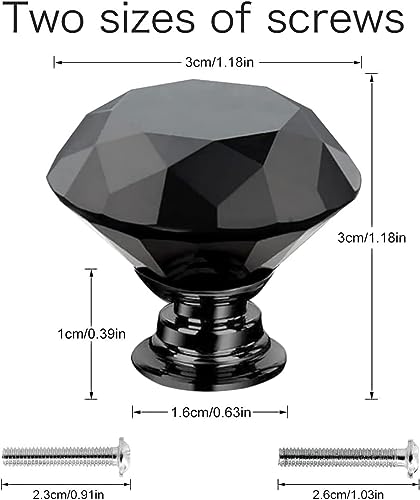 Akstore 6 Pcs Crystal Glass Cabinet Knobs 30mm Diamond Shape Drawer Kitchen Cabinets Dresser Cupboard Wardrobe Pulls Handles (Black-Black, 30mm) - color: Black-Black, size: 30 mm