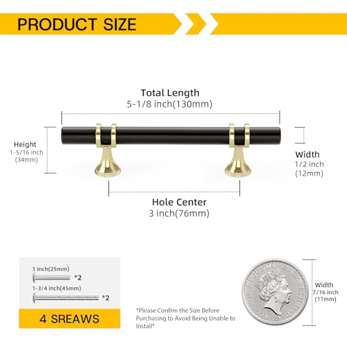 Rergy 10 Pack 3 Inch Hole Center Black and Gold Cabinet Handles - color: Black&Gold, size: 3in Hole Center(76mm)
