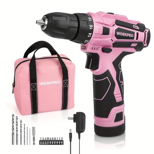 WORKPRO Pink Cordless Drill Driver Set, 12V Electric Screwdriver Driver Tool Kit, 3/8" Keyless Chuck, Charger and Storage Bag Included - Pink Ribbon - color: Pink