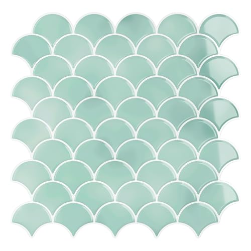 VEELIKE Green Mermaid Scale Peel and Stick Backsplash for Kitchen 12 Sheets Light Green Back Splash Stick on Tiles for Bathroom Wall Waterproof Renter Friendly Green Backsplash Tile Sticker 12''x12'' - size: Box of 12 Tiles