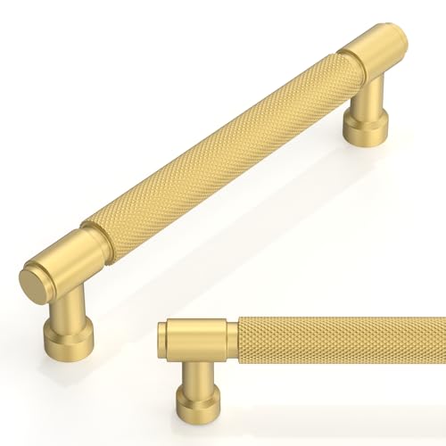 10 Pack Brushed Gold Knurled Cabinet Pulls 5 Inch(128mm) Kitchen Cabinet Handles Cabinet Hardware for Drawer Pulls - color: Brushed Gold, size: 5" Hole Center