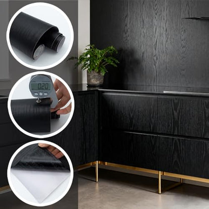 Yancorp 24"x197" Matte Black Wood Contact Paper Peel and Stick Wallpaper Countertops Removable Wallpaper Cabinets Drawers Vinyl Wrap Self-Adhesive Kitchen(24"x197") - size: 24"x194"