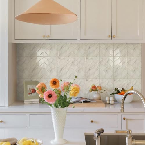 STICKGOO Herringbone Peel and Stick Backsplash, Statuario Marble, 10 Sheets - color: Statuario White Marble, size: Pack of 10