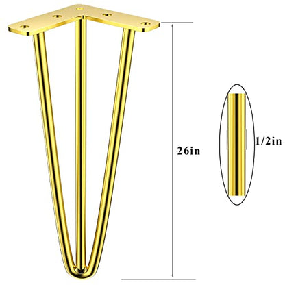 Osring 26 Inch Furniture Hairpin Legs Gold,1/2" Dia 3-Rods Metal Table Feet - color: Gold, size: 26 Inch