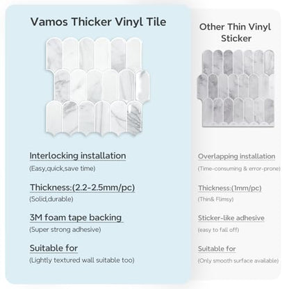 Vamos Tile Peel and Stick Backsplash,Thicker Design, Statuary White,10 pcs - color: Statury White with White Grout