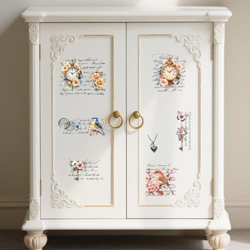 Peacoblue Clock Flowers Bird Rub On Transfers for Furniture Craft 6"x12" - style: Clock Flowers Bird